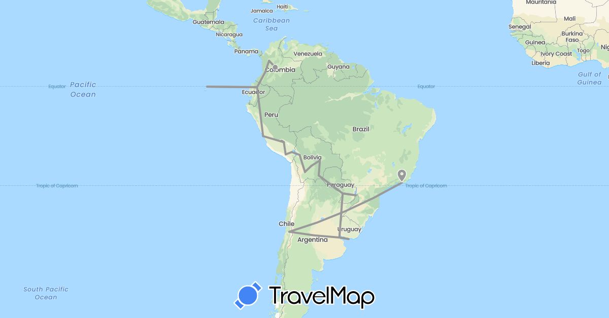 TravelMap itinerary: plane in Argentina, Bolivia, Brazil, Chile, Colombia, Ecuador, Peru, Paraguay, Uruguay (South America)